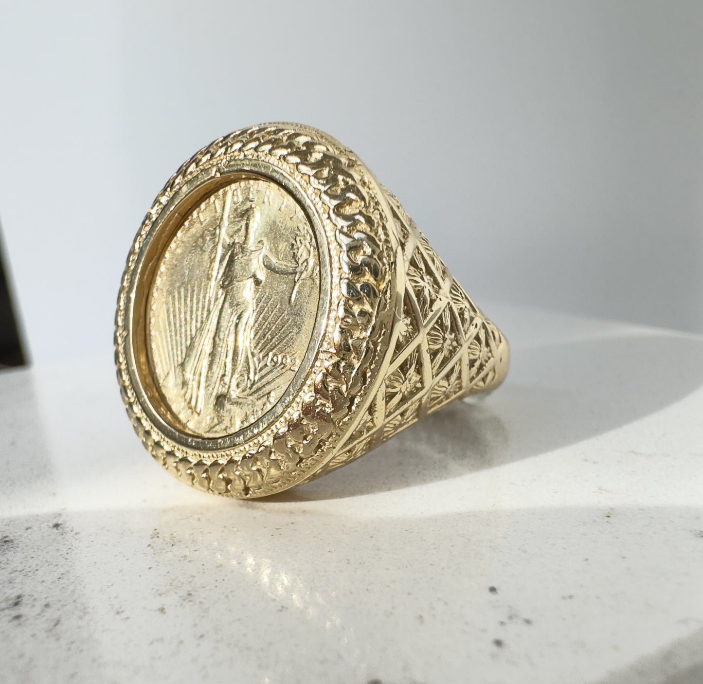 14k Solid Yellow Gold Liberty Lady Coin Ring