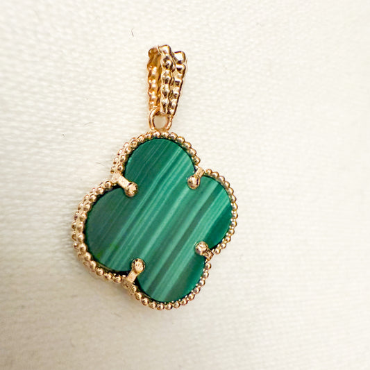14k Yellow Gold Big Clover Pendant -Malachite stone