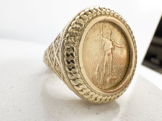 14k Solid Yellow Gold Liberty Lady Coin Ring