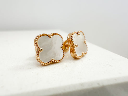 14K Yellow Gold Clover Stud Earrings -Mother Pearl