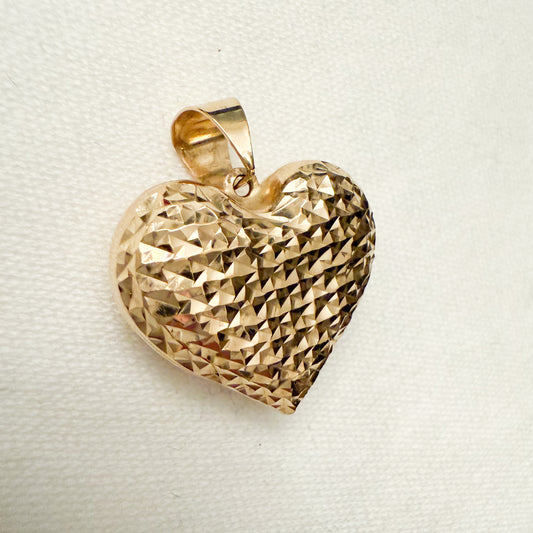 14k Yellow Gold Puff Textured Heart Charm