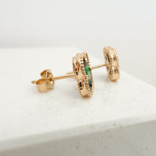 14K Yellow Gold Clover Stud Earrings - Malachite Stone