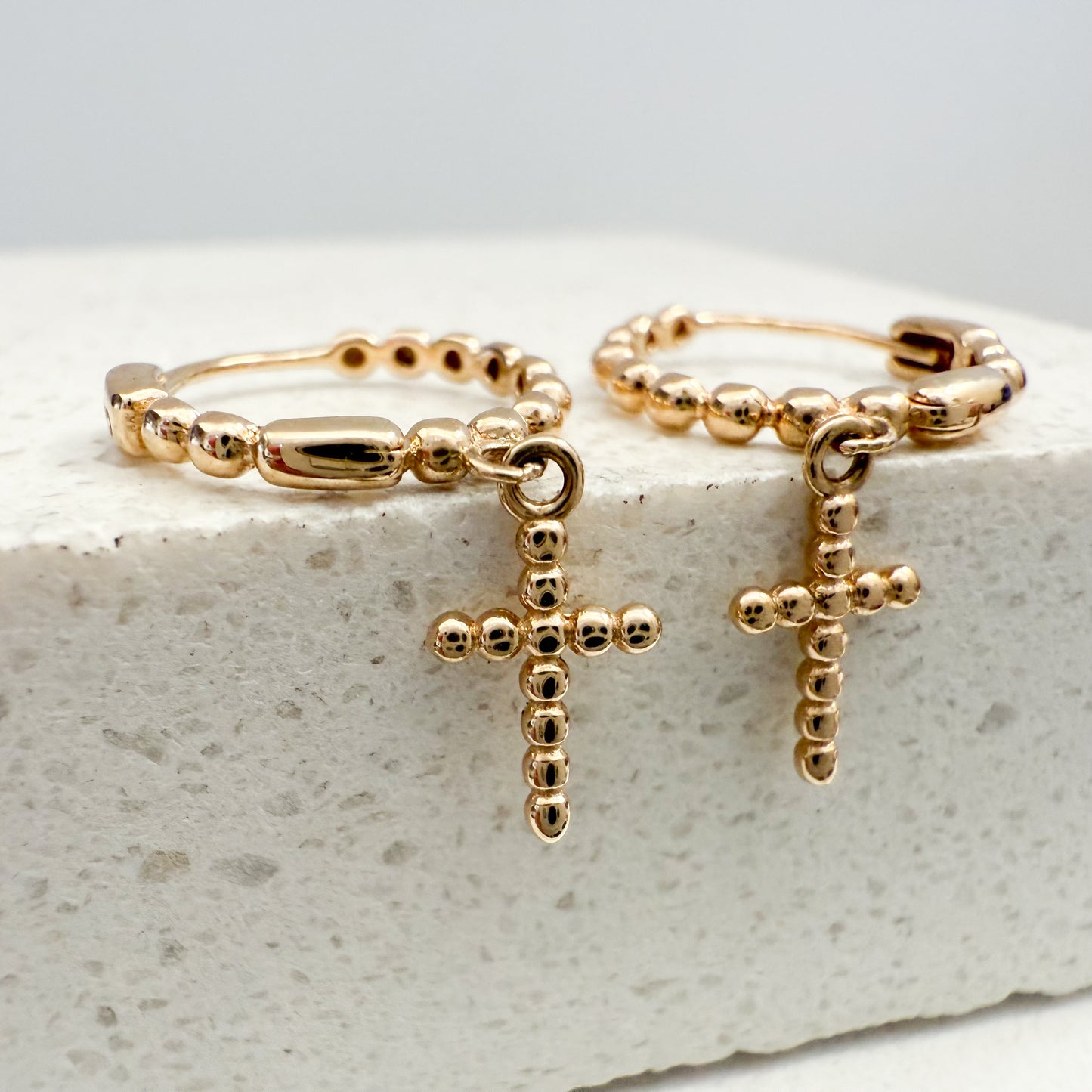 14k Yellow solid Gold Mini Hoops with Cross
