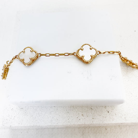 14k Yellow Gold Clover White Bracelet