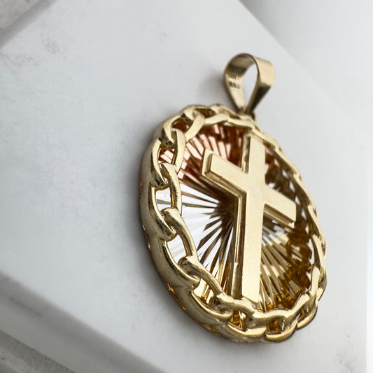14k Yellow Gold Cross on Round Pendant.