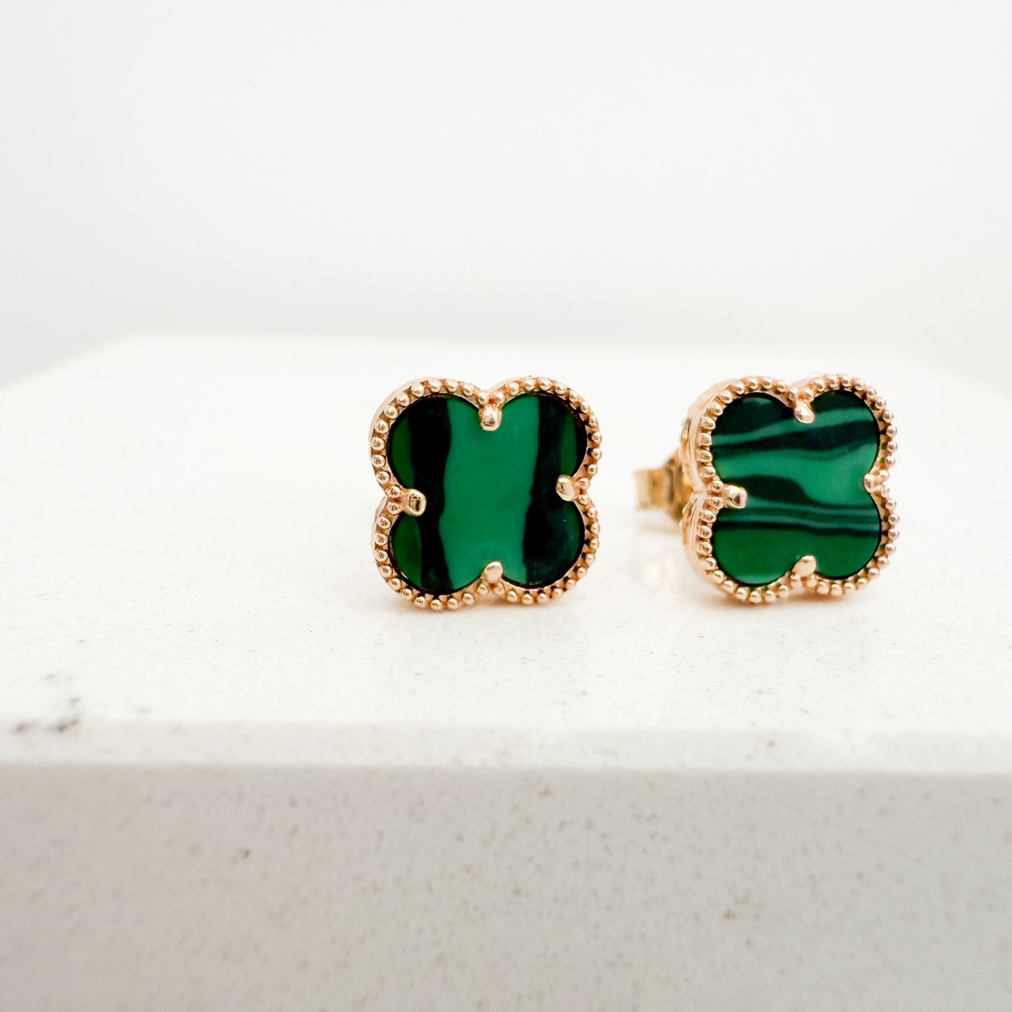 14K Yellow Gold Clover Stud Earrings - Malachite Stone