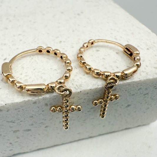 14k Yellow solid Gold Mini Hoops with Cross