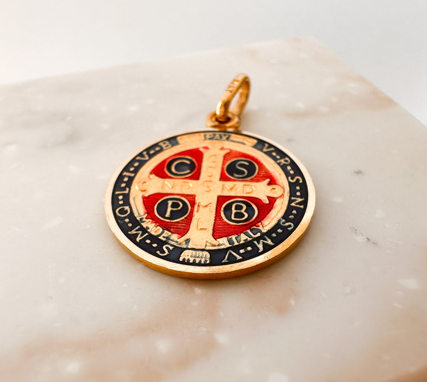 14K Saint Benedict Medal in Yellow Gold with Red and Blue