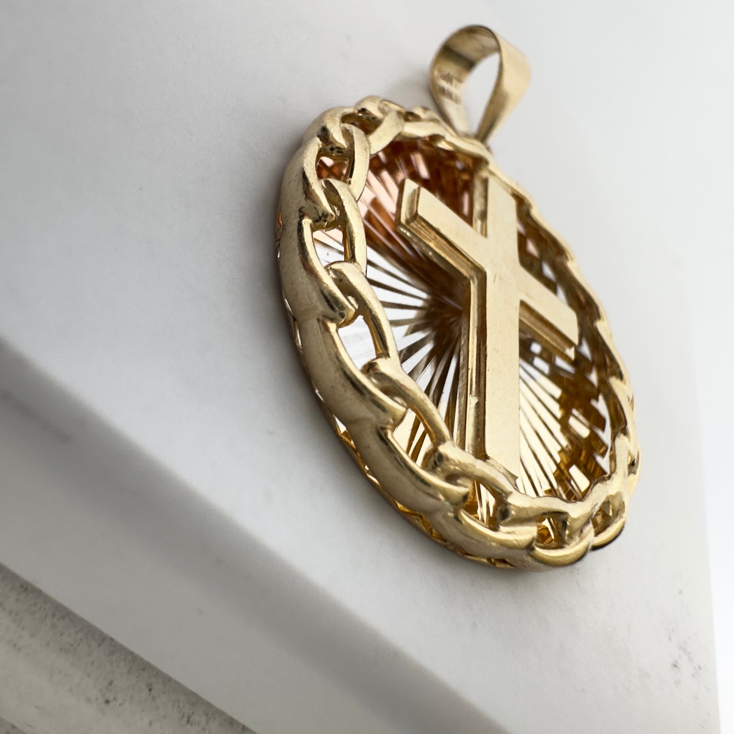 14k Yellow Gold Cross on Round Pendant.