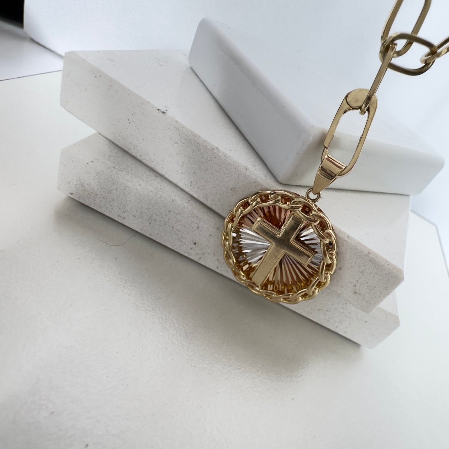 14k Yellow Gold Cross on Round Pendant.