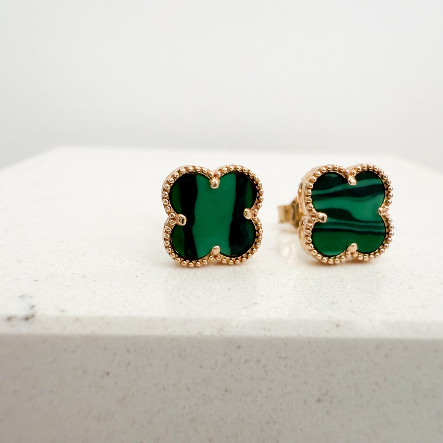 14K Yellow Gold Clover Stud Earrings - Malachite Stone