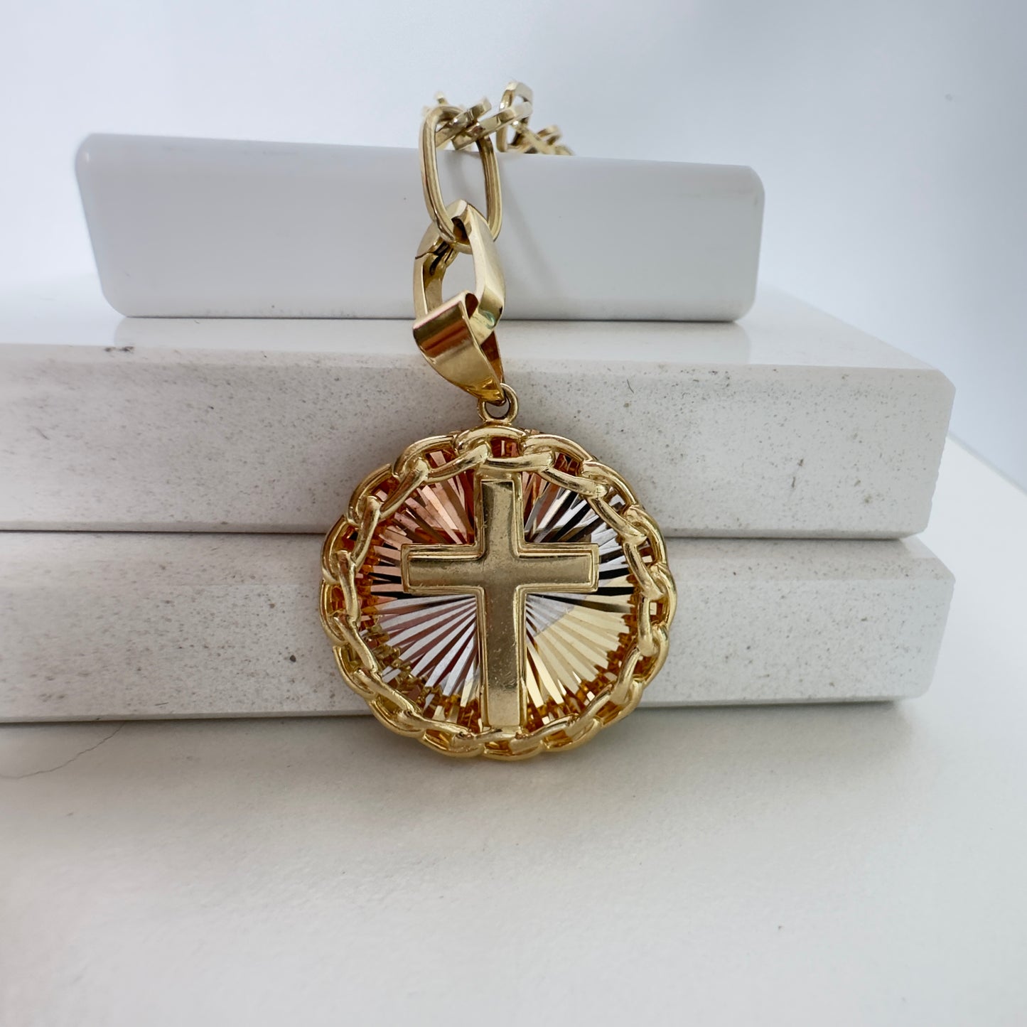 14k Yellow Gold Cross on Round Pendant.