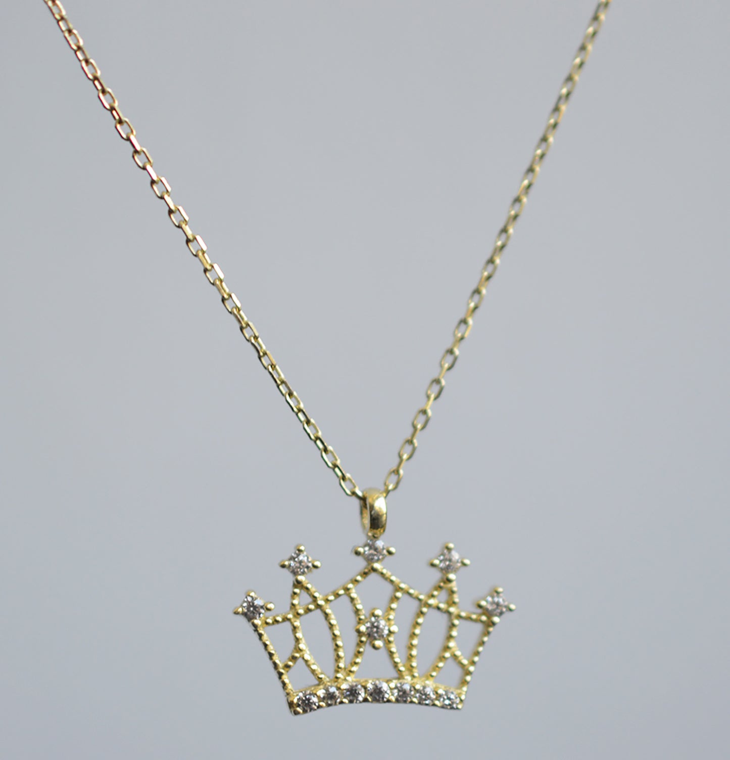 10K Solid Yellow Gold Link Chain Necklace With Crown Pendant