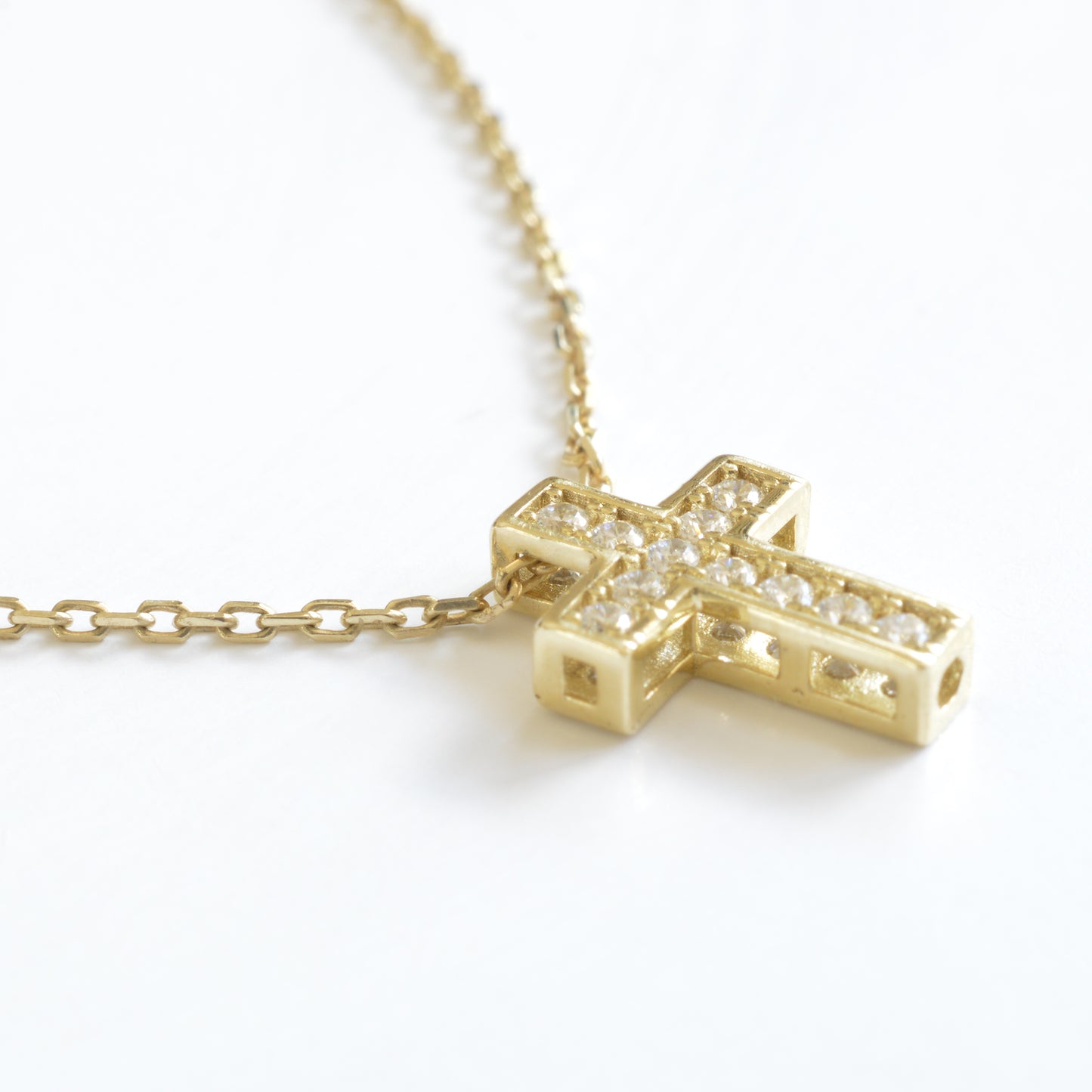 10K Solid Yellow Gold Cross Pendant Necklace with Cubic Zirconia