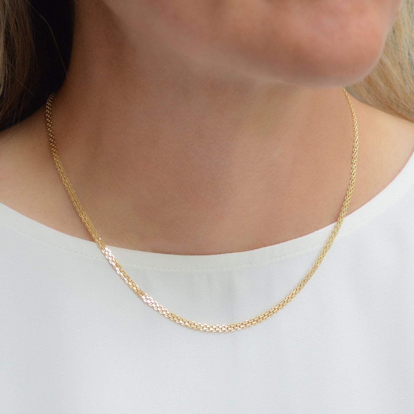 14K Solid Yellow Gold Herringbone Bismarck Chain Necklace
