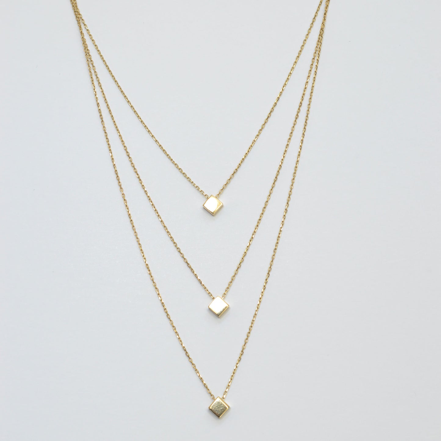14K Solid Yellow Gold Layered Necklace with square Pendants