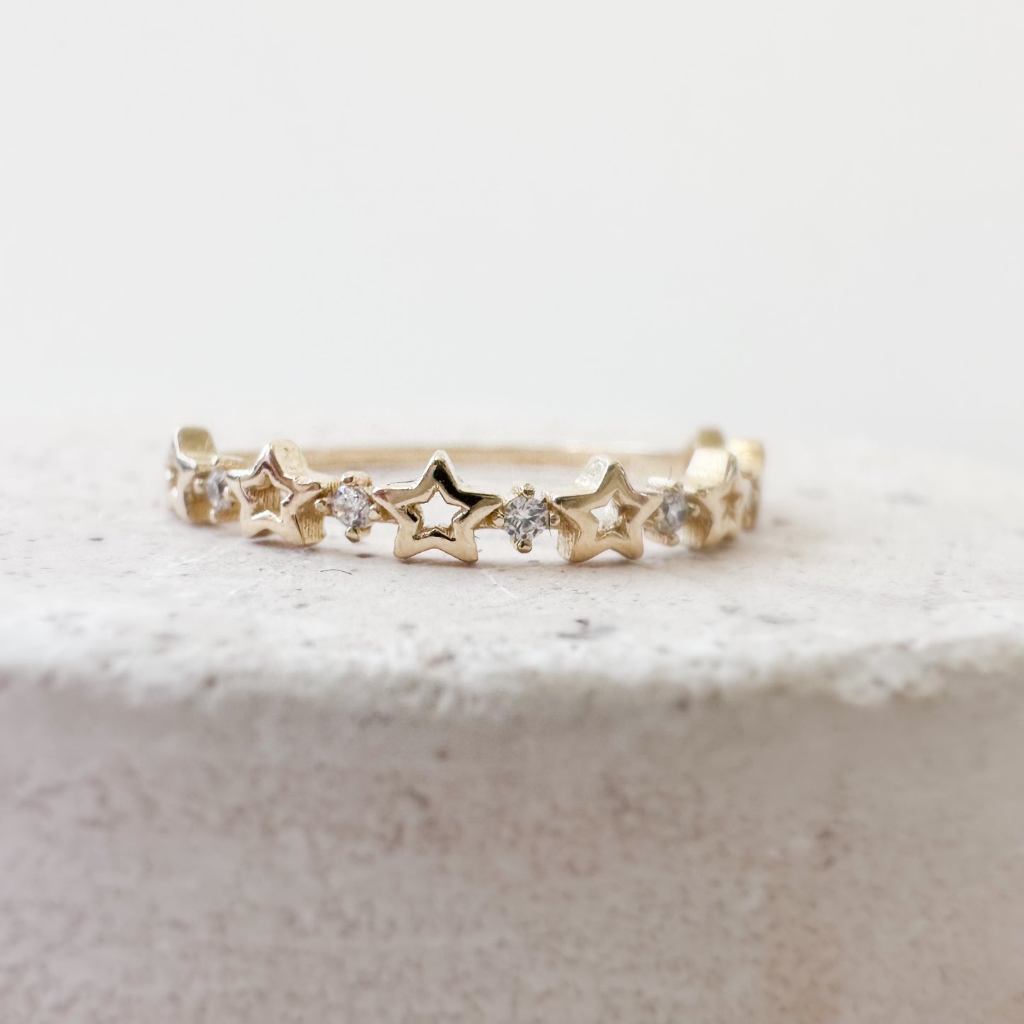 14K Solid Gold Ring with Multiple Stars and Zirconia Dots