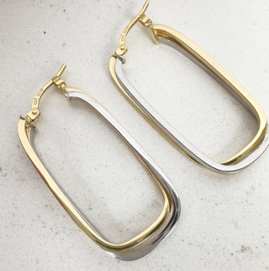 10K Two Tone Gold Twisted Oval Hoop Earrings