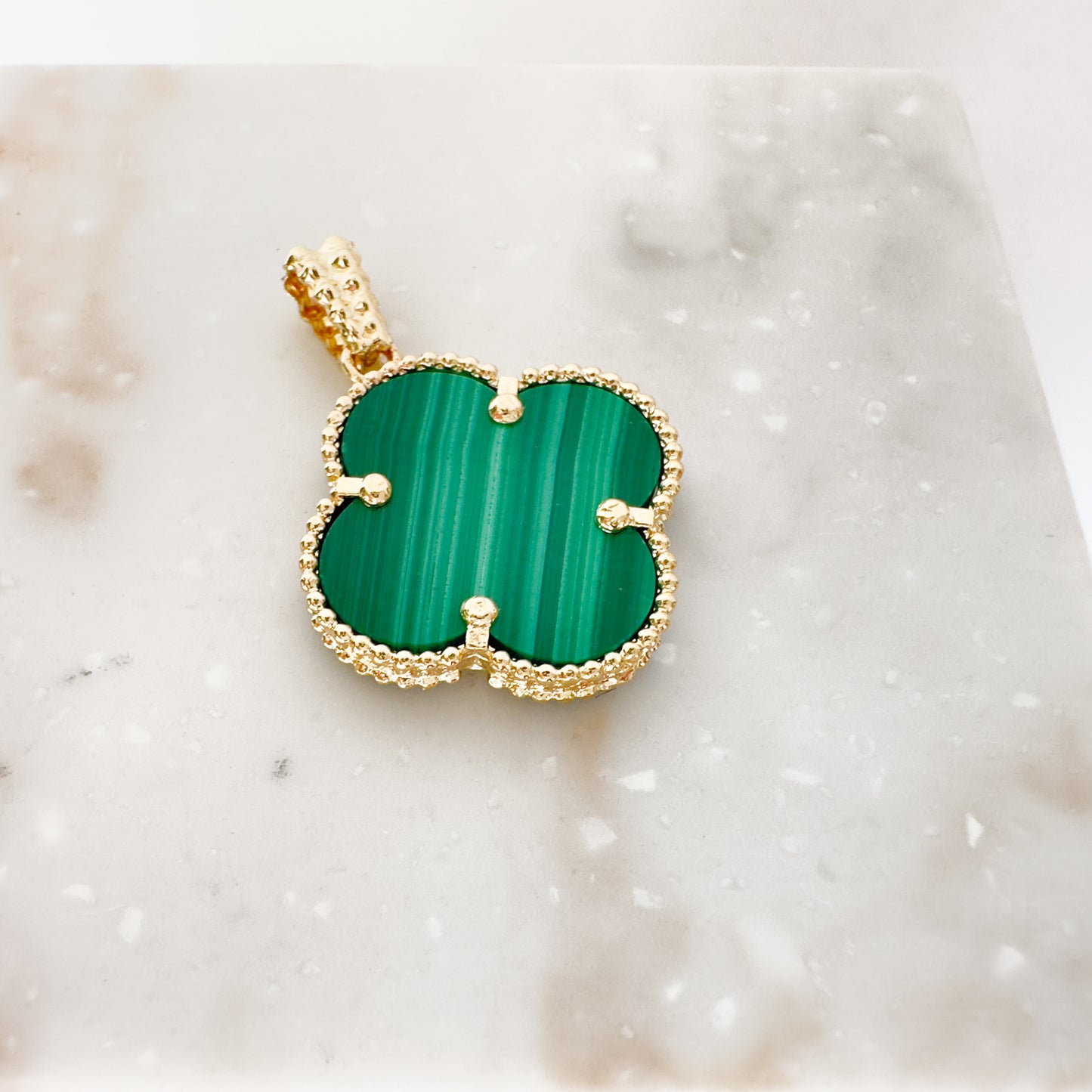 14k Yellow Gold Big Clover Pendant -Malachite stone