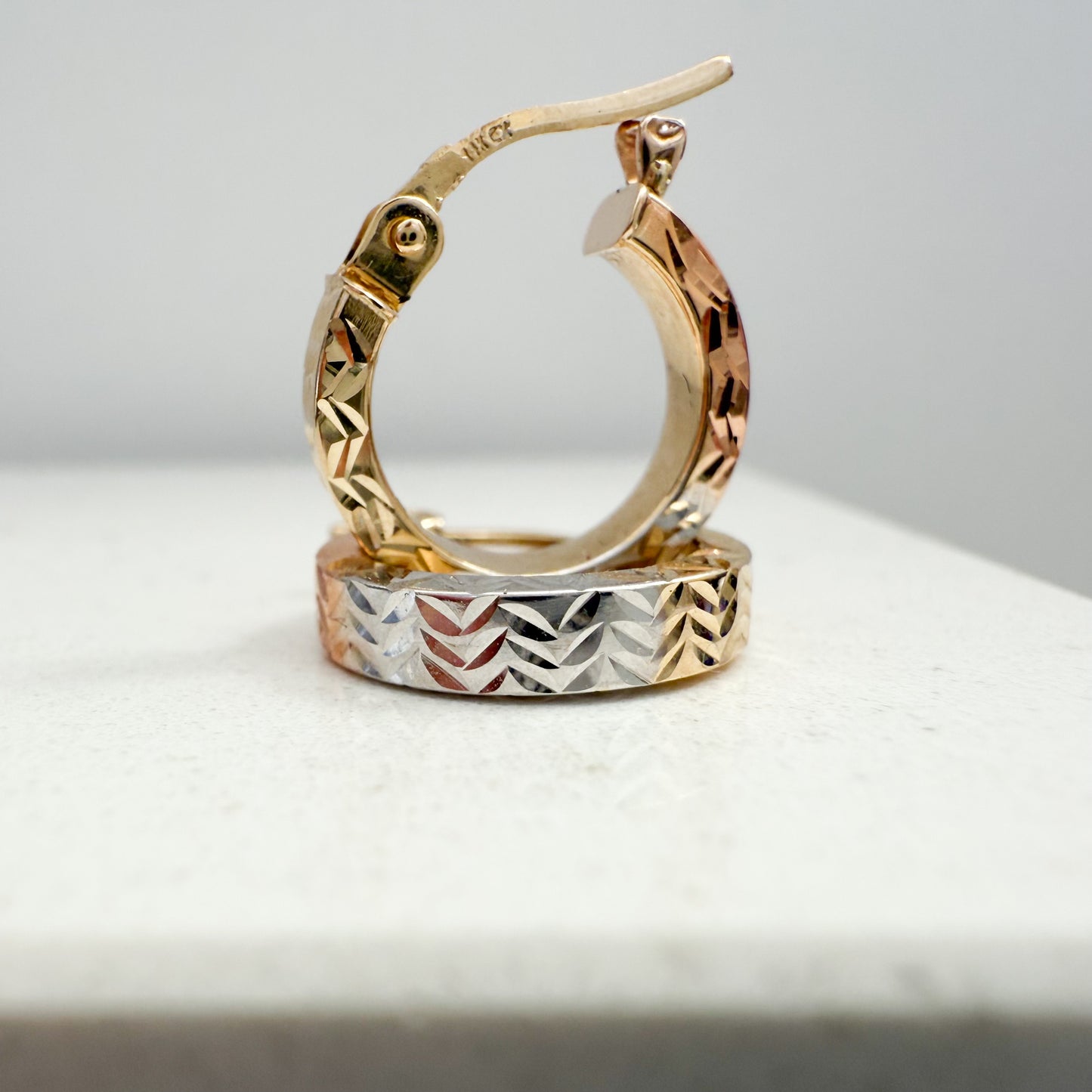 14k Yellow solid Gold Hoops Tricolor
