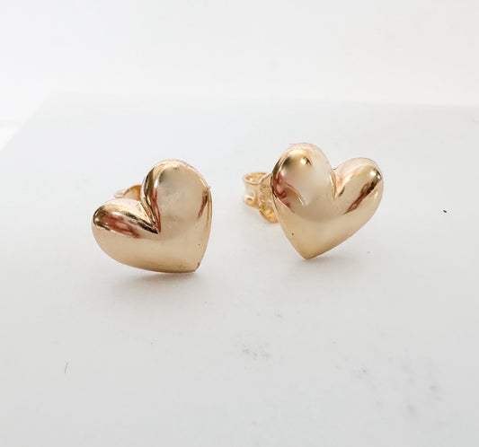 14K Yellow Gold Puff Heart Stud Earrings