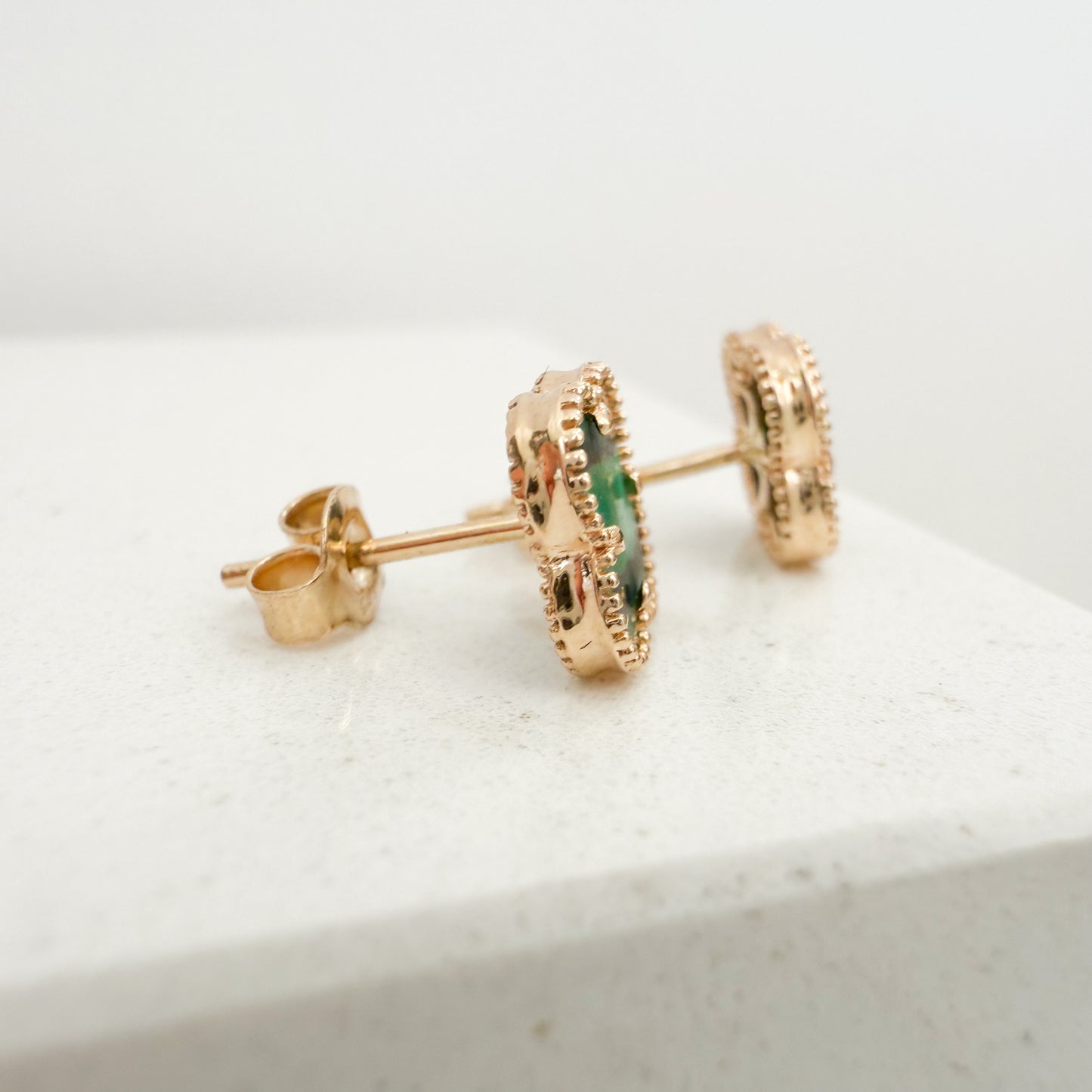 14K Yellow Gold Clover Stud Earrings - Malachite Stone