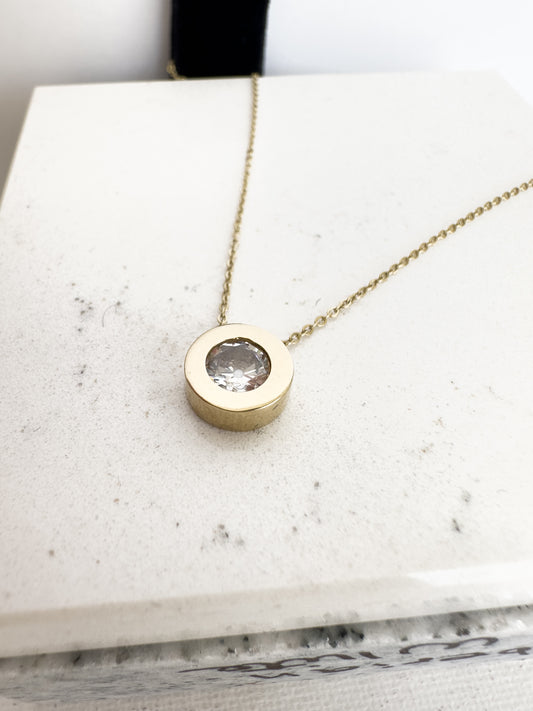 10K Solid Yellow Gold with Zirconia Solitaire Bezel Necklace