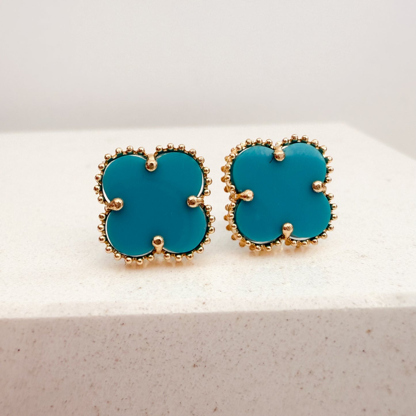 14K Yellow Gold Clover Stud Earrings -Turquoise Stone