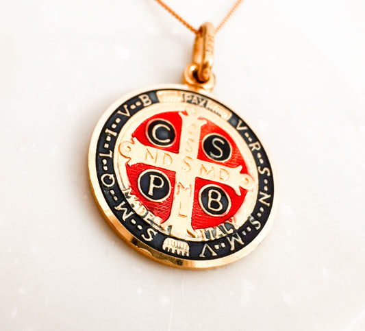 14K Saint Benedict  Medal in Yellow Gold with Red and Blue