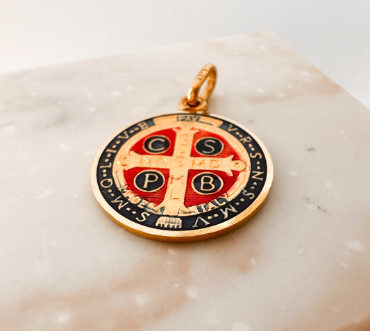 14K Saint Benedict  Medal in Yellow Gold with Red and Blue