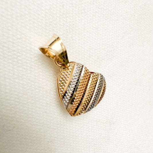 14k Yellow Gold Puff Tricolor Textured Heart Charm