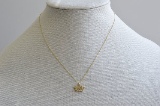 10K Solid Yellow Gold Link Chain Necklace With Crown Pendant