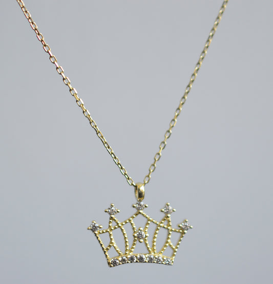 10K Solid Yellow Gold Link Chain Necklace With Crown Pendant