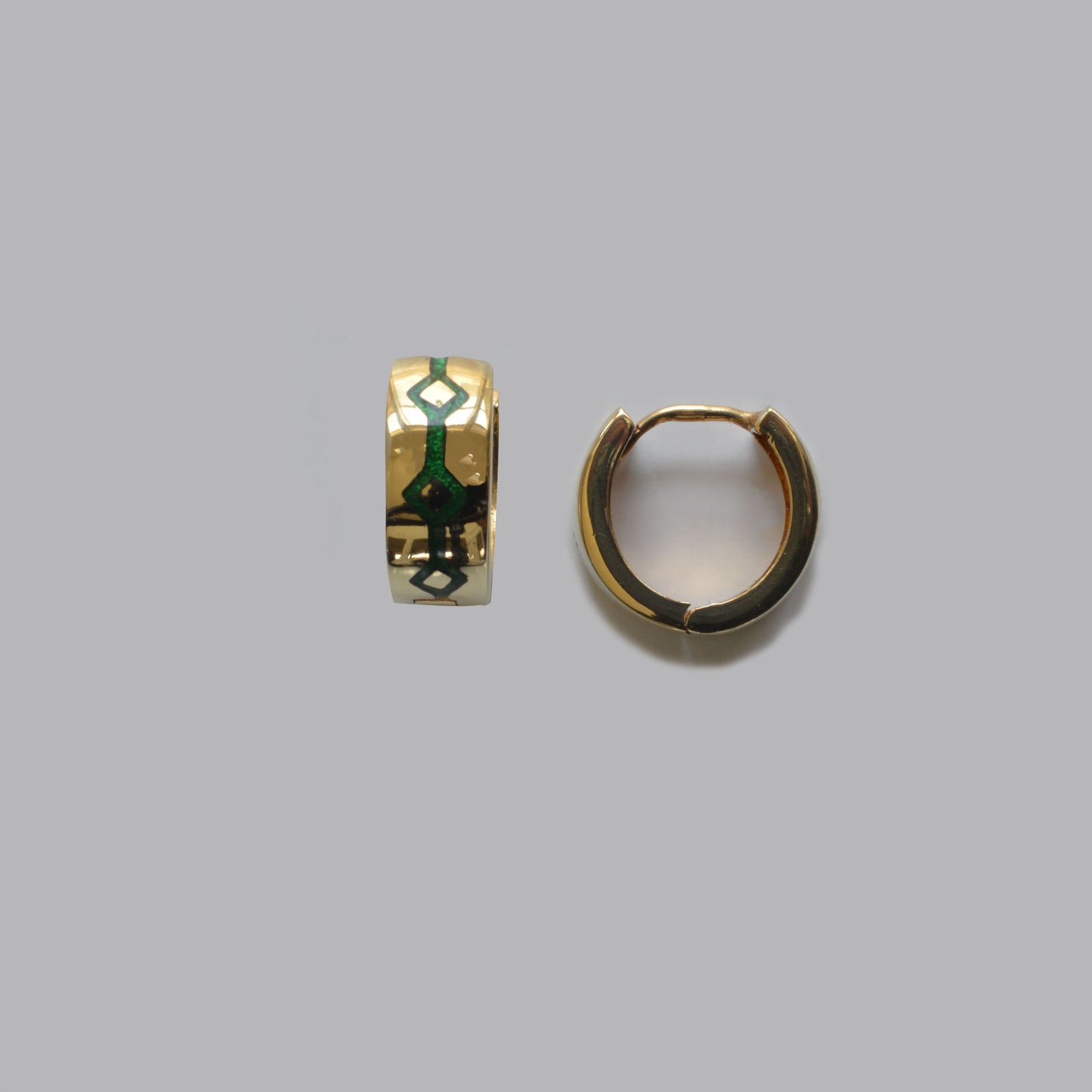 14K Double Sided Solid Gold Huggie Earring with Green Pattern