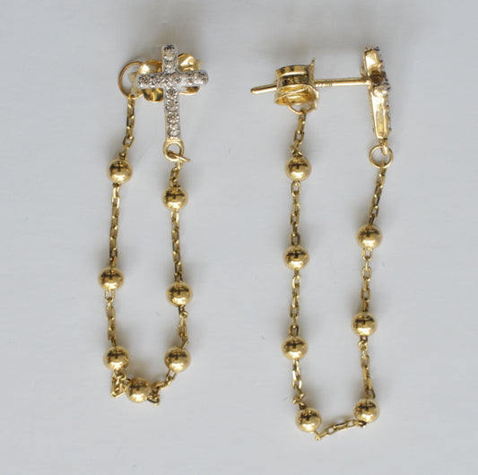 10K Solid Yellow Gold Cross and Chain Earring