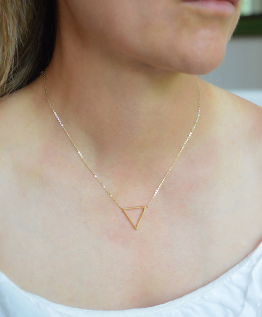 10K Solid Yellow Gold Triangle Pendant Necklace