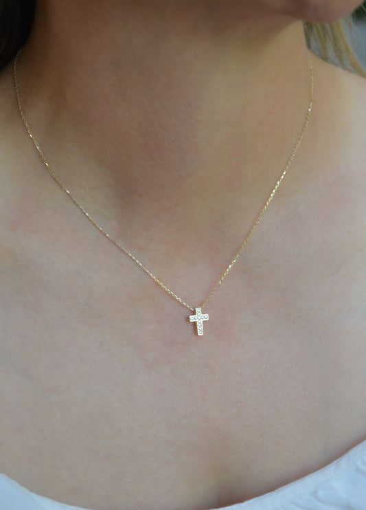 10K Solid Yellow Gold Cross Pendant Necklace with Cubic Zirconia