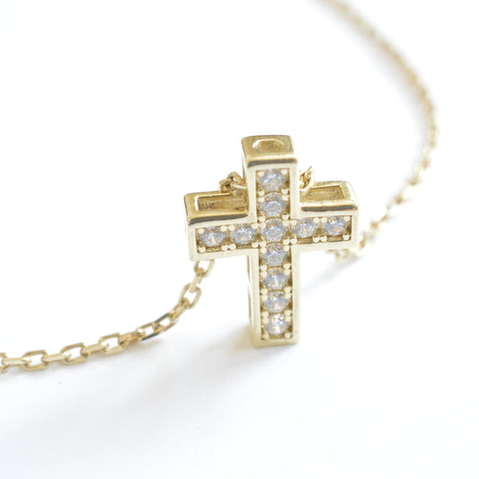 10K Solid Yellow Gold Cross Pendant Necklace with Cubic Zirconia