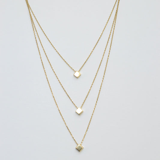 14K Solid Yellow Gold Layered Necklace with square Pendants