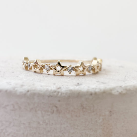 14K Solid Gold Ring with Multiple Stars and Zirconia Dots