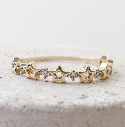 14K Solid Gold Ring with Multiple Stars and Zirconia Dots