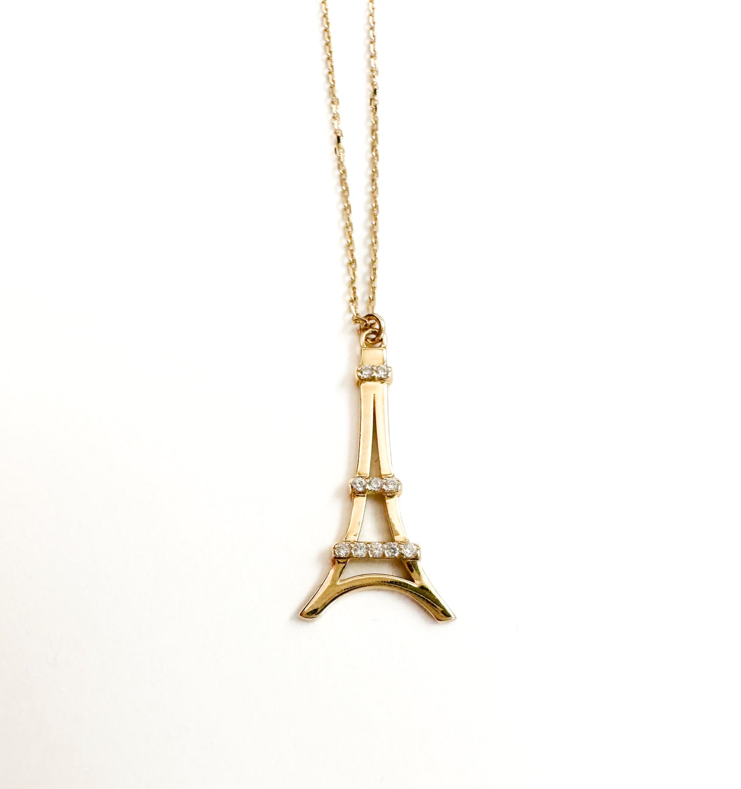10kt Yellow Gold Eiffel Tower Pendant Necklace with zirconia Accents